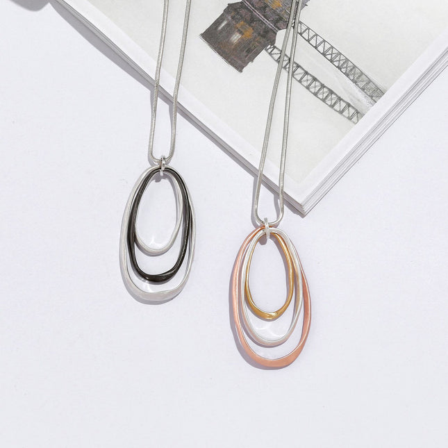 Wholesale Women's Layered Oval Geometric Metal Matte Statement Necklace