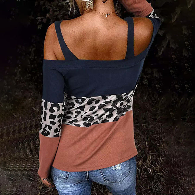 Women's Leopard Print Strap Neck Long Sleeve T-Shirt Top