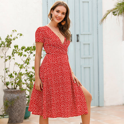 Wholesale Women's Summer Short Sleeve Polka Dot Hem Slit Dress