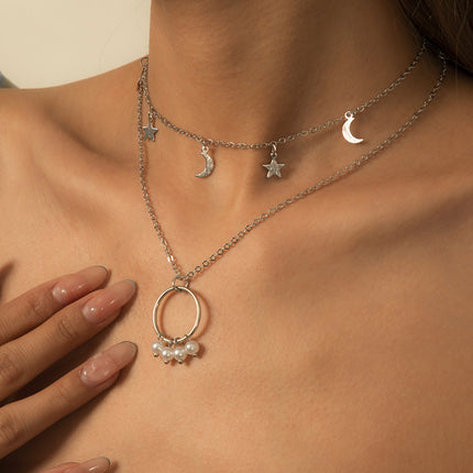 Circle Pearl Necklace Star Moon Pendant Clavicle Necklace