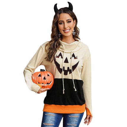 Halloween Pumpkin Print Pile Neck Track Pullover Hoodies