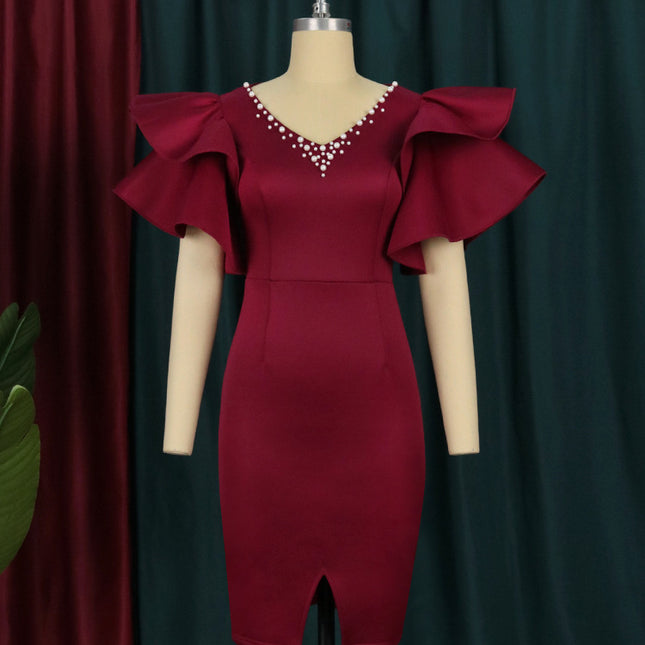 Plus Size Women's V-neck Ruffle Sleeve Slit Stitching Beaded Dress