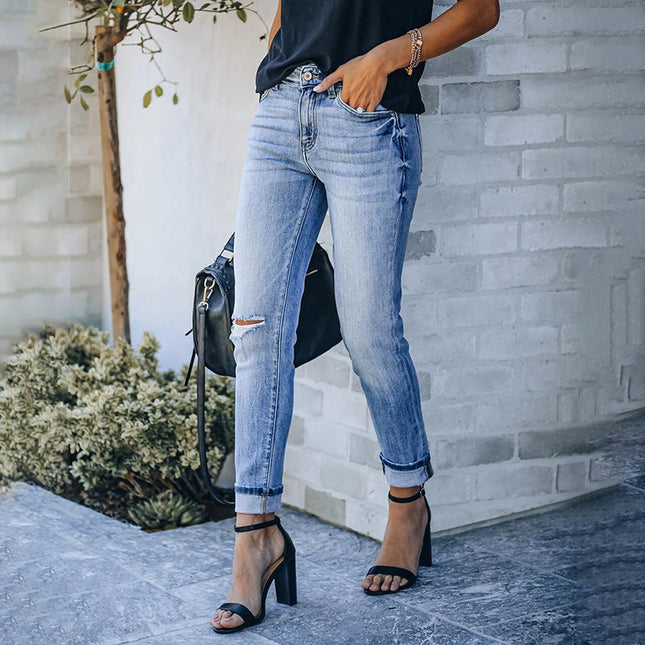 Wholesale Women's Cut Elastic Mid Waist Skinny Jeans