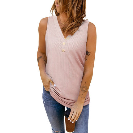 Camiseta sin mangas acanalada con cuello en V sexy de color sólido para mujer