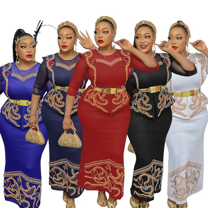 Plus Size African Ladies Ironing Rhinestone Round Neck Dress