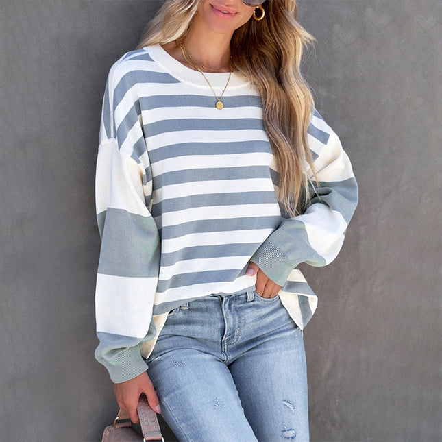 Wholesale Women's Puff Sleeve Round Neck Striped Long Sleeve Pullover Hoodie