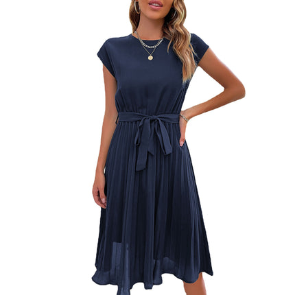 Wholesale Women's Summer Solid Color Pleated Tie Waist Dress