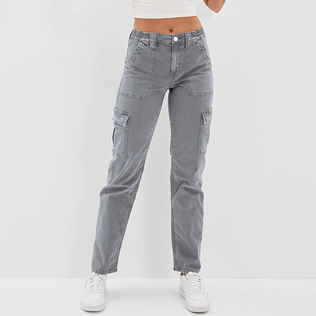 Gewaschene Jeans mit geradem Bein und hohem Bund und vielen Taschen