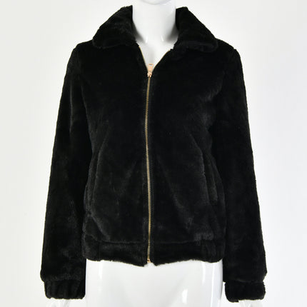 Wholesale Women's Solid Color Lapel Faux Cashmere Long Sleeve Zipper Jacket