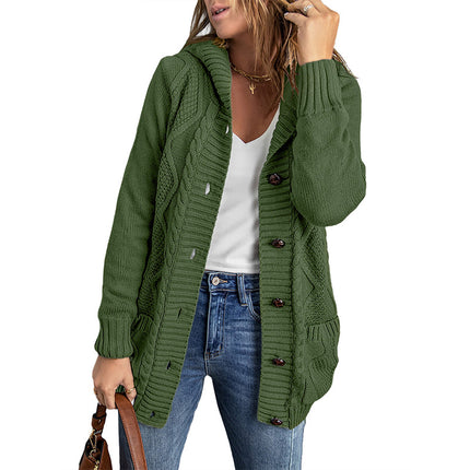 Wholesale Women's Mid-length Button Solid Color Twist Hooded Cardigan Sweater