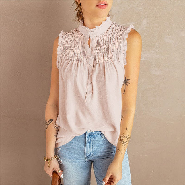 Women's Loose Pleated Sleeveless Lace Collar Strap Top