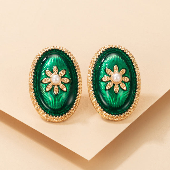 Green Oil Drip Flower Pearl Resort Earrings