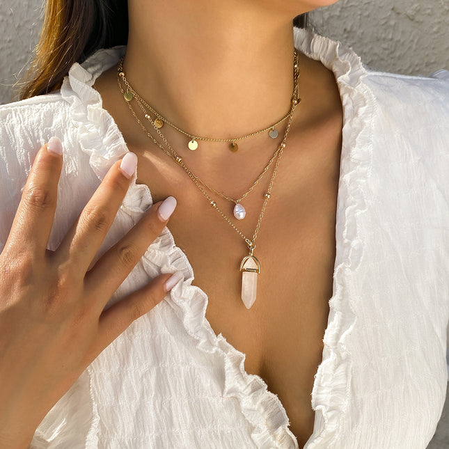 Perlen-Halsband, Pailletten, Quaste, Kristallsäule, geschichtete Halskette