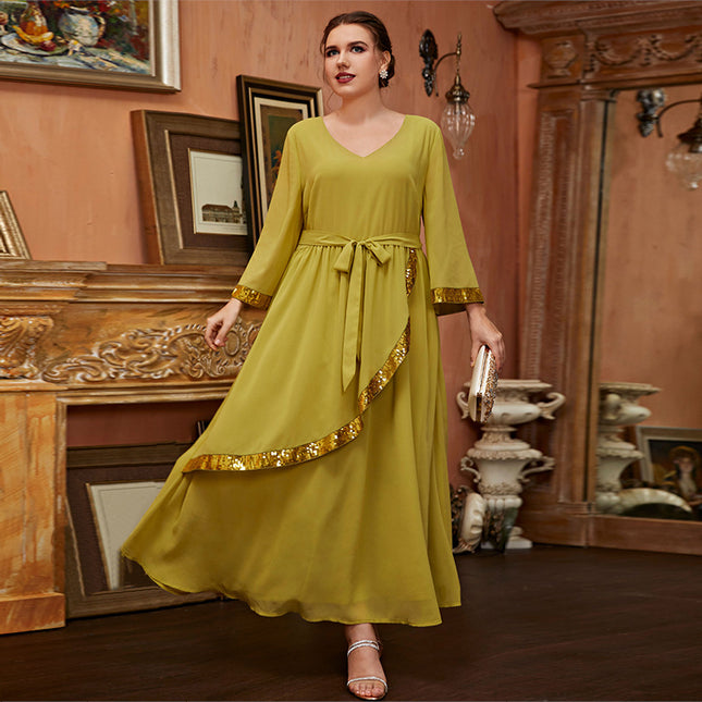 Vestido de talla grande para mujer con columpio grande retro verde amarillo suelto