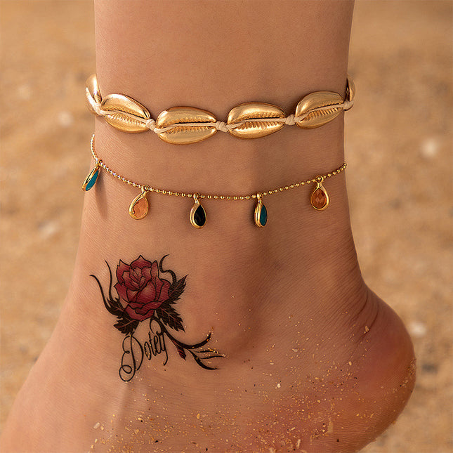 Cord Braided Gold Shell Drop Two-Tier Anklet Set