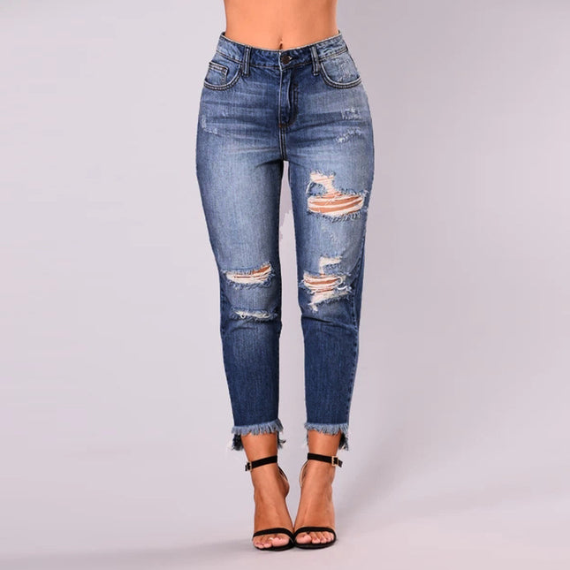 Wholesale Women's Ripped Irregular Hem Crop Jeans