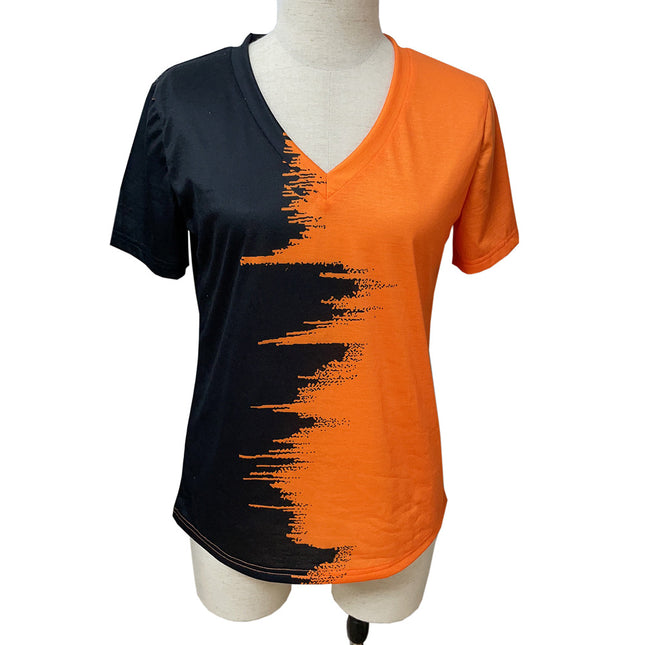 Kurzärmliges Damen-T-Shirt in Übergröße in Kontrastfarbe mit V-Ausschnitt