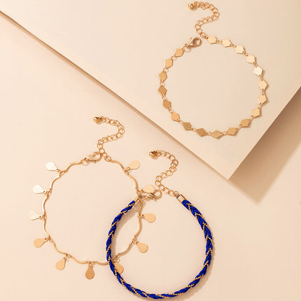 Wholesale Water Drop Disc Blue Woven Three Layer Anklet