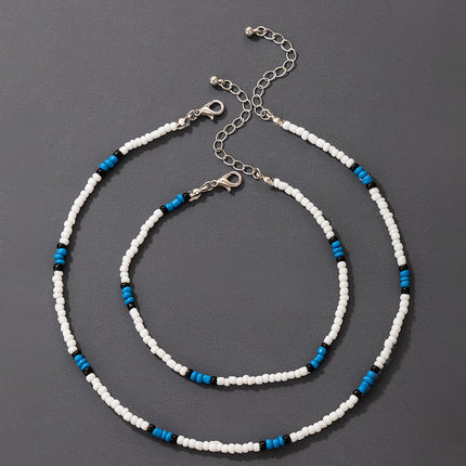 Wholesale Fashion Boho Blue Rice Bead Bracelet Necklace Set of Two