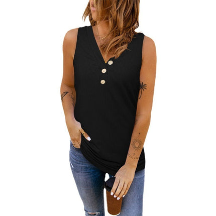 Camiseta sin mangas acanalada con cuello en V sexy de color sólido para mujer