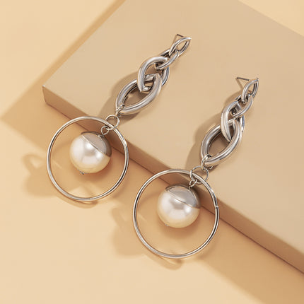 Simple Circle Imitation Pearl Ball Stud Earrings Metal Chain Earrings
