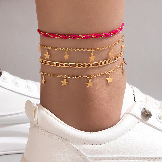Cord Braided Star Pendant Four-Tier Anklet