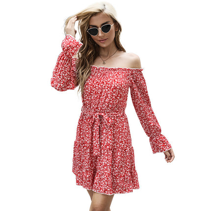 Wholesale Ladies Fall Winter Floral Off-Shoulder Flared Dress