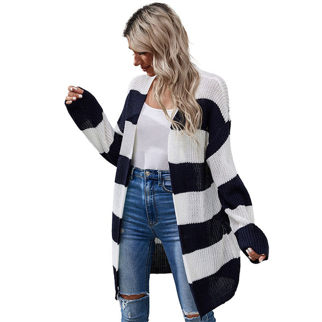 Wholesale Ladies Fall Winter Long Sleeve Striped Cardigan Sweater Coat
