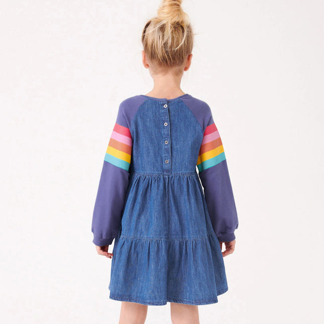 Wholesale Girls Autumn Denim Dress Cotton Rainbow Long Sleeve Dress