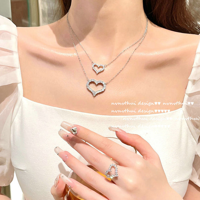 Herz-Halskette 18 Karat vergoldeter Herz-Zirkon-Ohrring-Ring