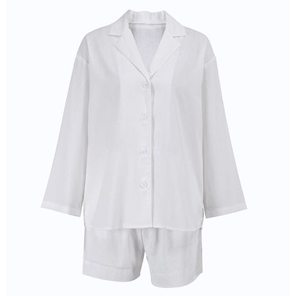 Wholesale Women's Casual Cotton Cardigan Shirt Shorts Two Piece Set