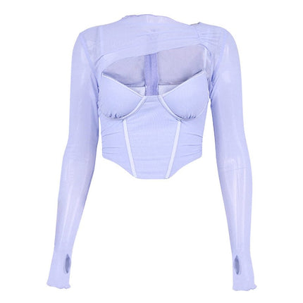 Wholesale Women's Summer See-Through Pleated Navel Cropped T-Shirt