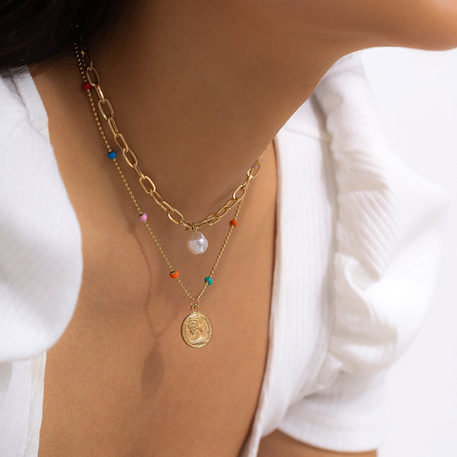 Portrait Tag Colorful Ball Chain Clavicle Necklace