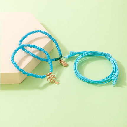 Rice Beads Beaded Alloy Pineapple Coconut Cord Three Layer Bracelet Set