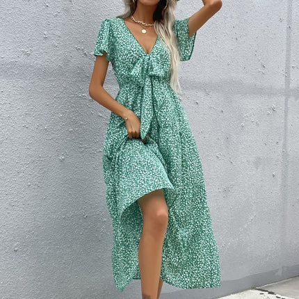 Wholesale Women's Summer Floral Ruffle Sleeve Bow Knot Green Dress