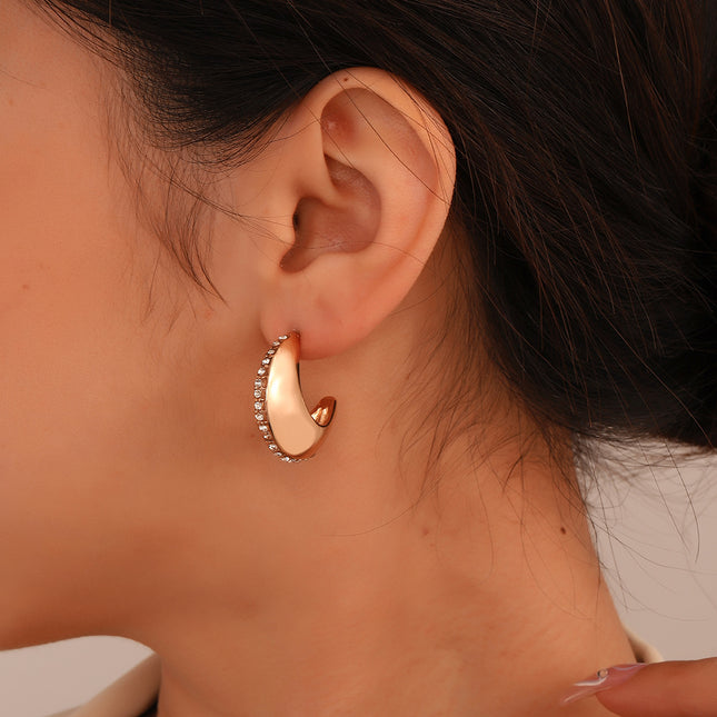 Fashion Ethnic Metal Crescent Zircon Moon Stud Earrings