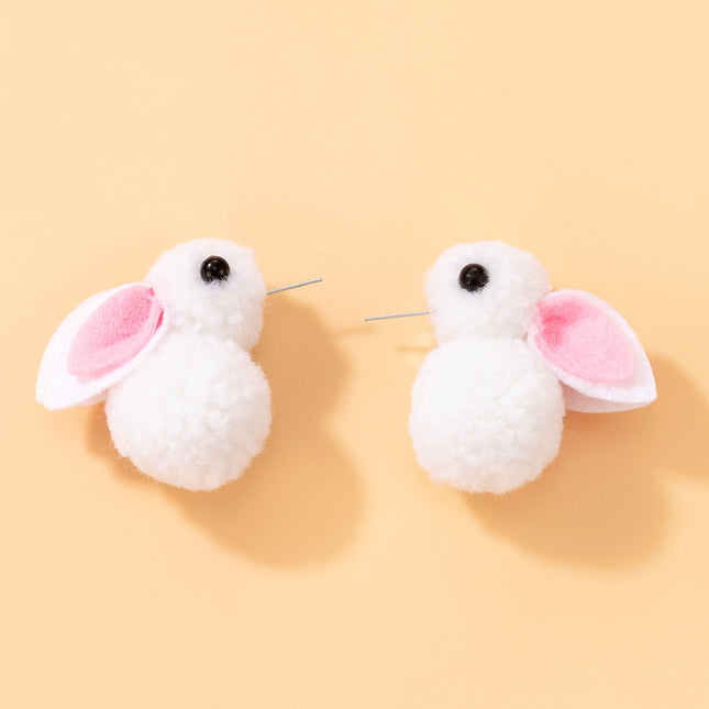 Cute Cartoon Earrings White Plush Rabbit Stud Earrings Animal Zodiac Earrings
