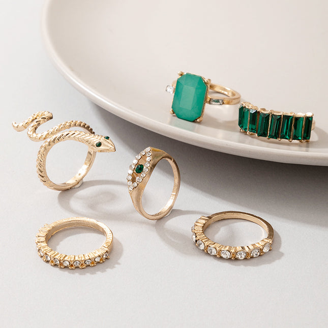 Creative Green Diamond Snake Ring Juego de 6 Vintage Emerald Zircon Knuckle Rings
