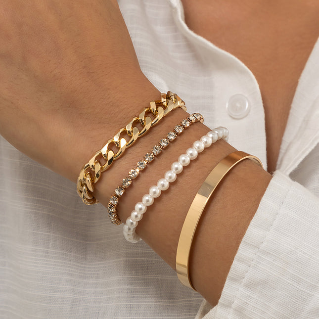 Glossy Bracelet Set Simple Trend Rhinestone Chain Pearl Bracelet
