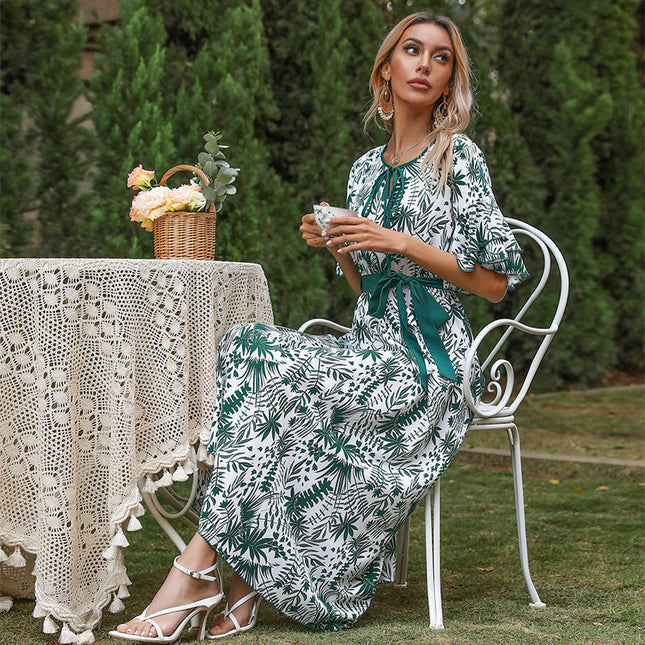 Vestido bohemio con estampado de hojas de gasa de verano para mujer
