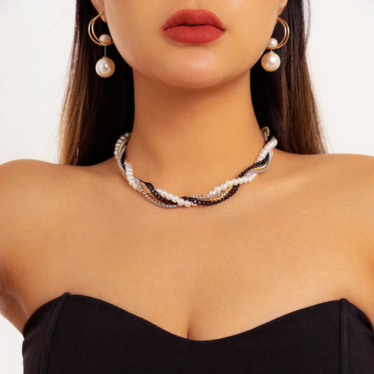 Wrapped Faux Pearl Clavicle Necklace Metal Chain Choker