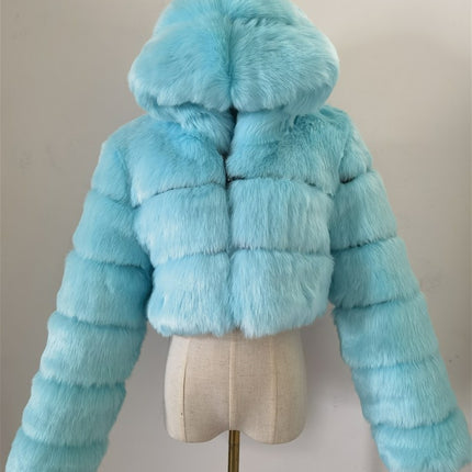Wholesale Ladies Fall Winter Hooded Long Sleeves Short Faux Fur Coat