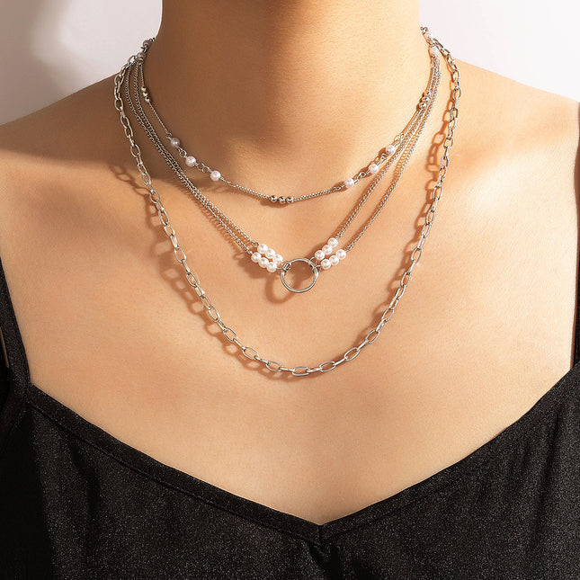 Wholesale Geometric Chain Pearl Circle Three Layer Necklace