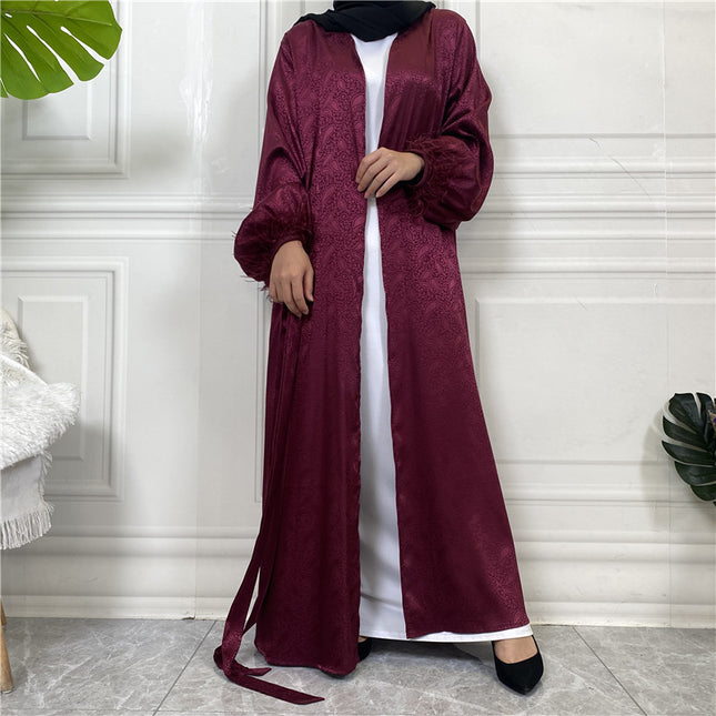 Cárdigan de plumas de manga larga de satén estampado de ropa musulmana
