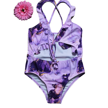 Wholesale Children's Purple Tie-Dye Ruffled String Swimsuit