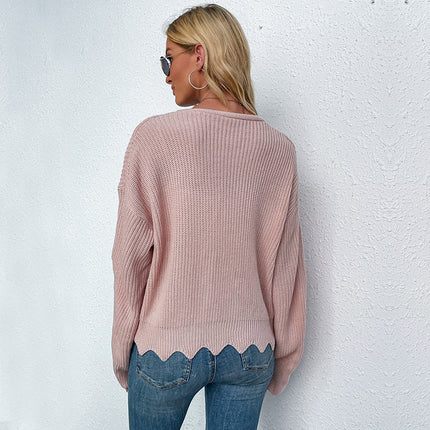 Chaqueta de suéter de manga larga ondulada rosa de punto de otoño para mujer