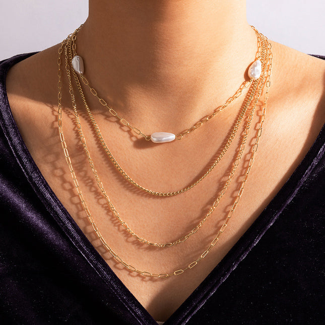 Fashion Pearl Chain Irregular Geometric Four Layer Necklace