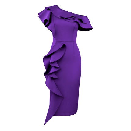 Wholesale Women's Slanted Shoulder Ruffle Slit One Step Dress