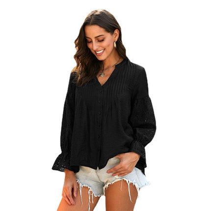 Women's Fall Embroidered Long Sleeve Ruffle Blouse