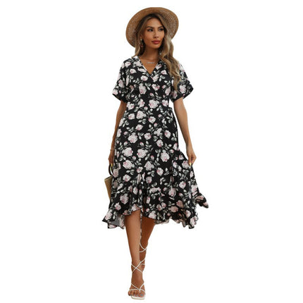 Wholesale Women's Summer Short Sleeve Chiffon Wrap Print V-Neck Dress